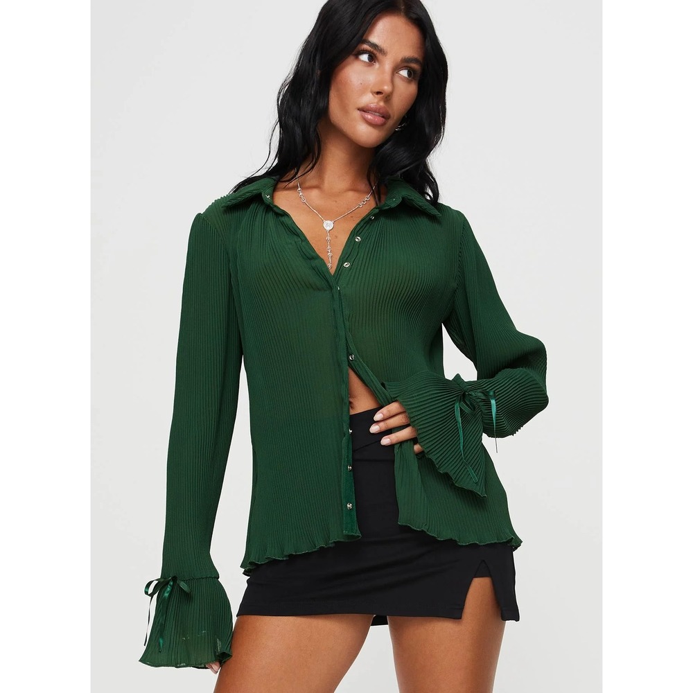 Princess Polly Womens Ravil Forest Green Pleated Whimsigoth Ribbon Shirt Size 4